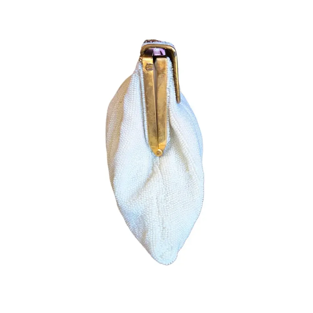 Vintage Rare Handmade E. Grillot Floral Beaded White Ivory Gold Clutch